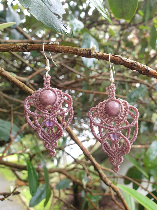 Lepidolite and Amethyst Fae Macrame earrings