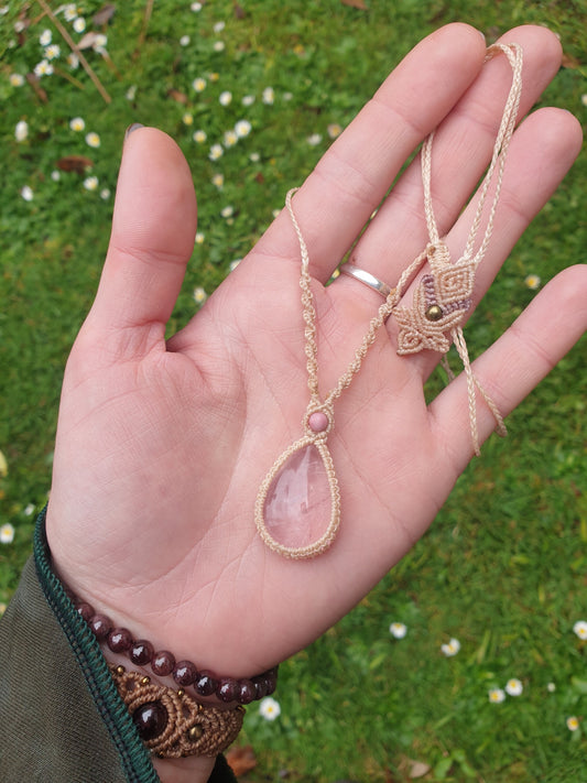 Rose Quartz and Rhodonite macrame pendant