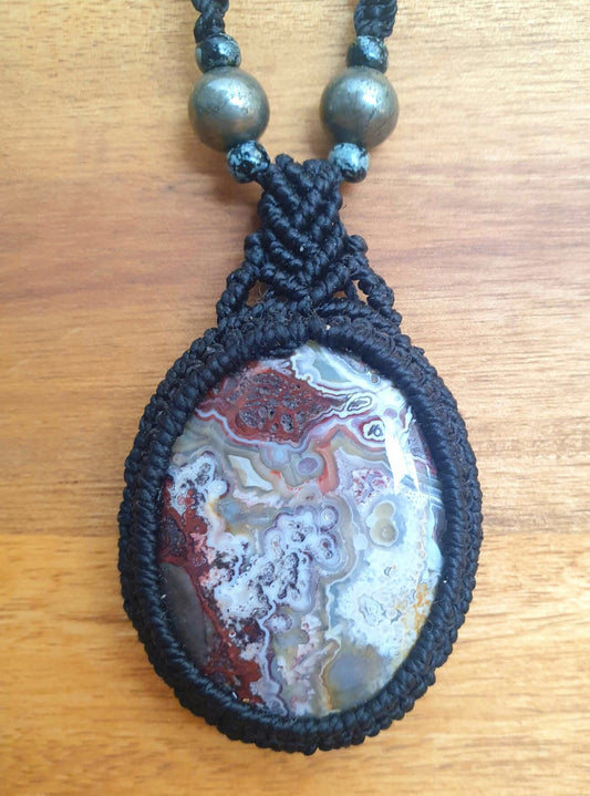 Crazy Lace Agate and Pyrite macrame pendant